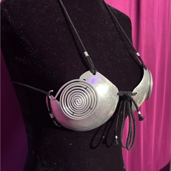 Silver Metal Disc Bikini Top with Tie Straps - Women Cyberpunk - Picture 6 of 10